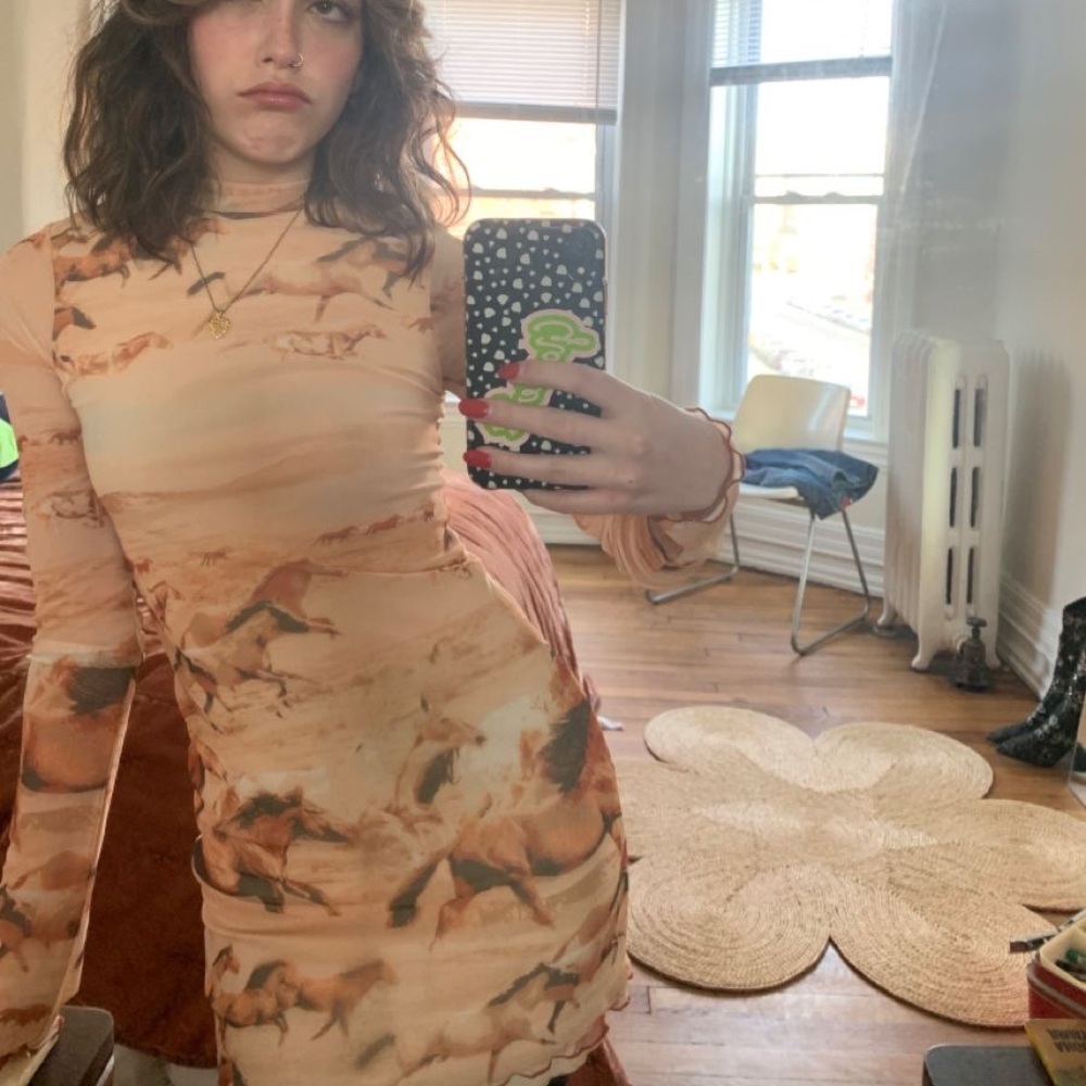 Urban Outfitters Beige & Brown Horse Print Mini Dress